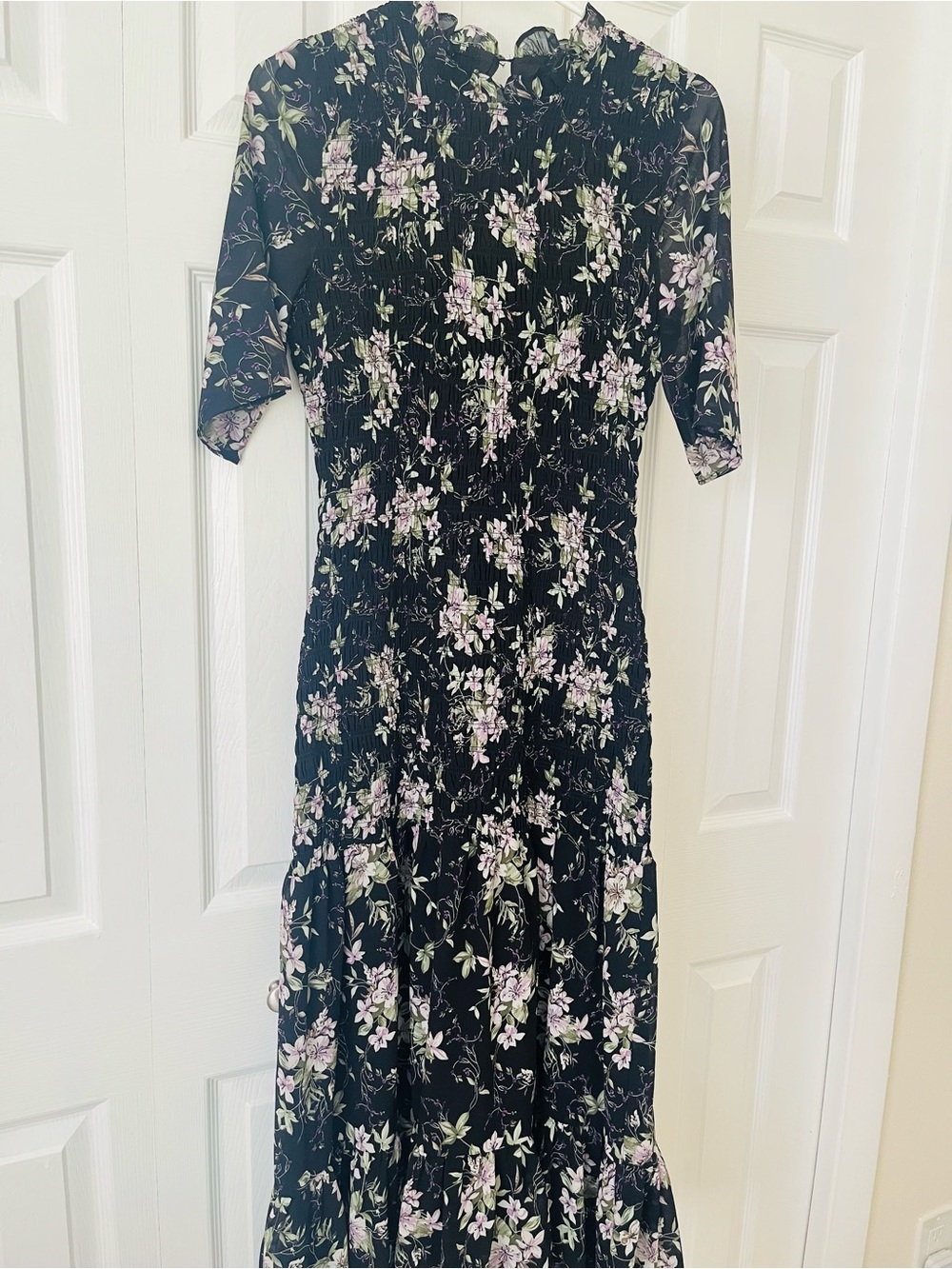 Floral Black Midi Dress with Lavender Blooms